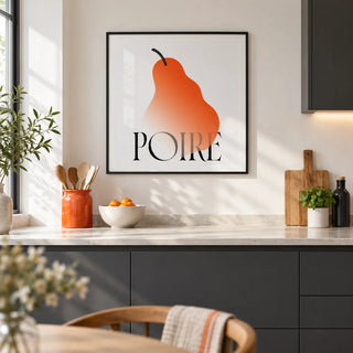 Modern Pear Poster, framed on the wall of a crisp modern kitchen in a UK city flat with white walls