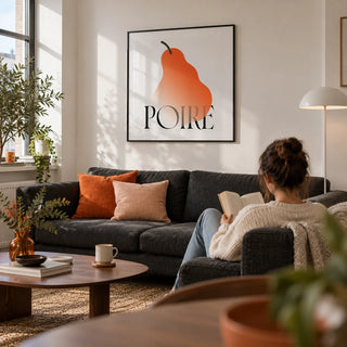 Modern Pear Poster, framed on the wall of a design-led living room in a UK first flat for a couple aged 25-35 with white walls and a low walnut coffee table