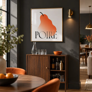 Modern Pear Poster, framed on the wall of a modern home bar alcove within a UK open-plan living and dining room with a charcoal painted wall