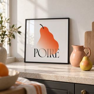 Modern Pear Poster, a small A4 framed print leaning on a pale stone kitchen worktop