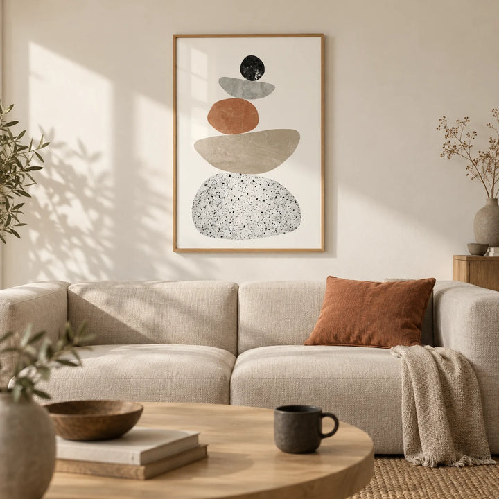 Modern Pebble Print, framed on the wall of a calm Japandi living room with a warm white wall