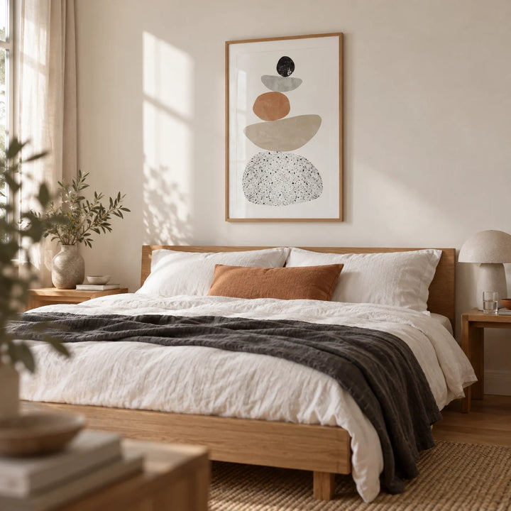 Modern Pebble Print, framed on the wall of a serene bedroom with a warm white wall