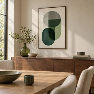Modern Poster Decor, framed on the wall of a calm dining room