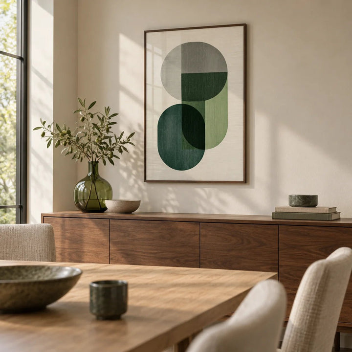 Modern Poster Decor, framed on the wall of a calm dining room