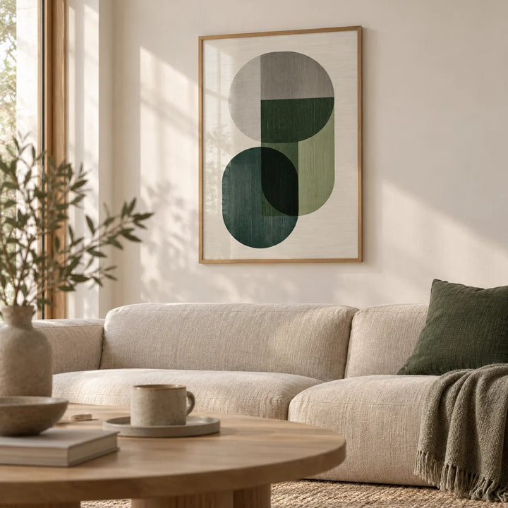 Modern Poster Decor, framed on the wall of a calm Japandi living room