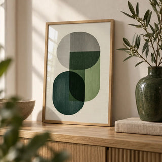 Modern Poster Decor, a small A4 framed print leaning on an oak shelf in a living room
