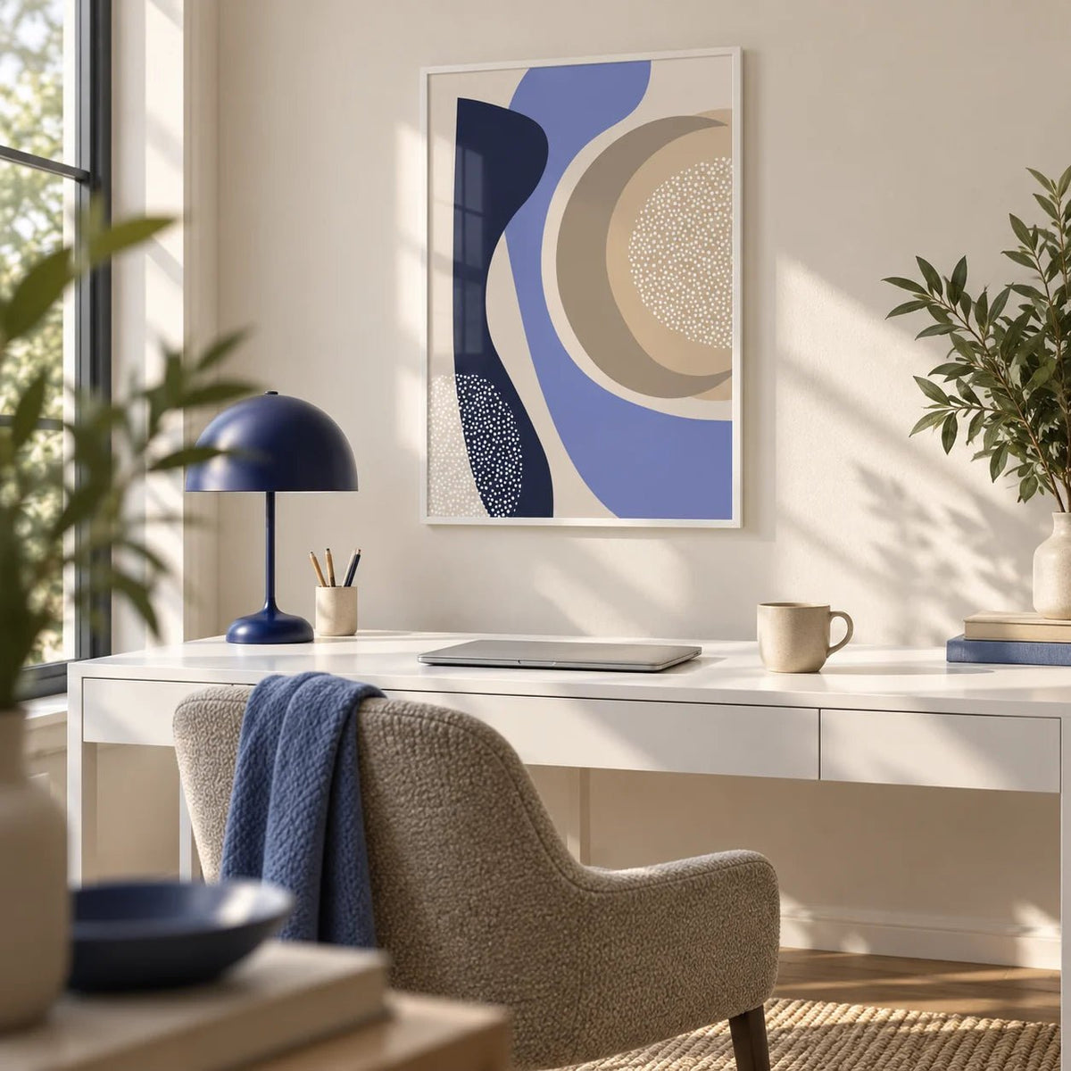 Modern Poster Design, framed on the wall of a bright home office