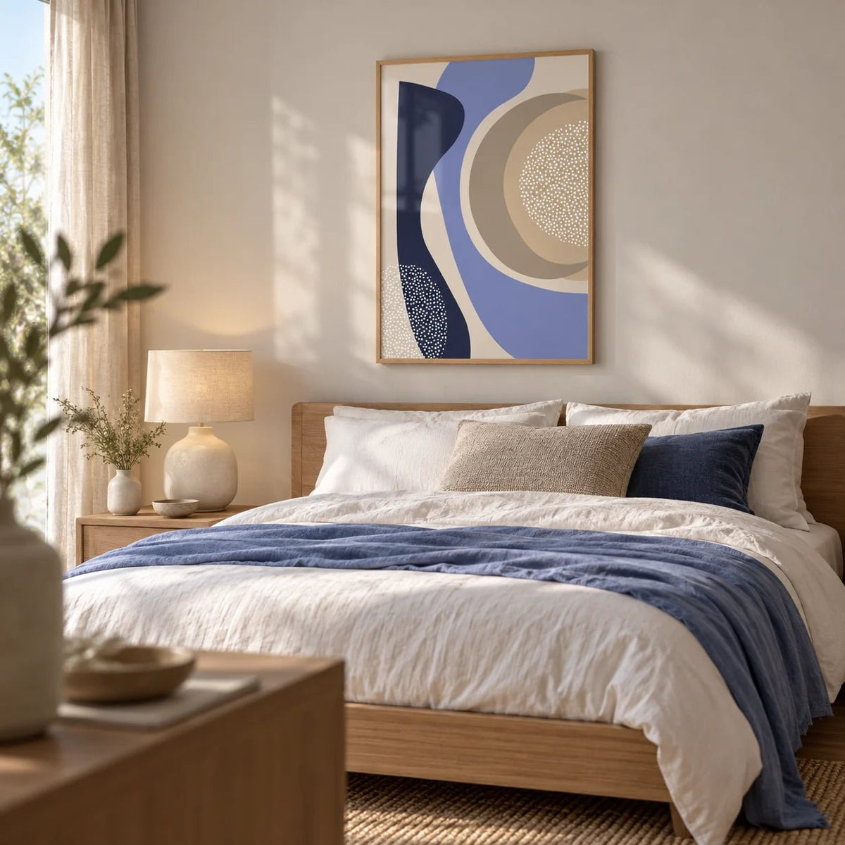 Modern Poster Design, framed on the wall of a calm bedroom