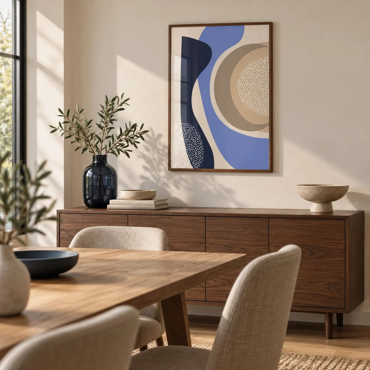 Modern Poster Design, framed on the wall of a modern dining room