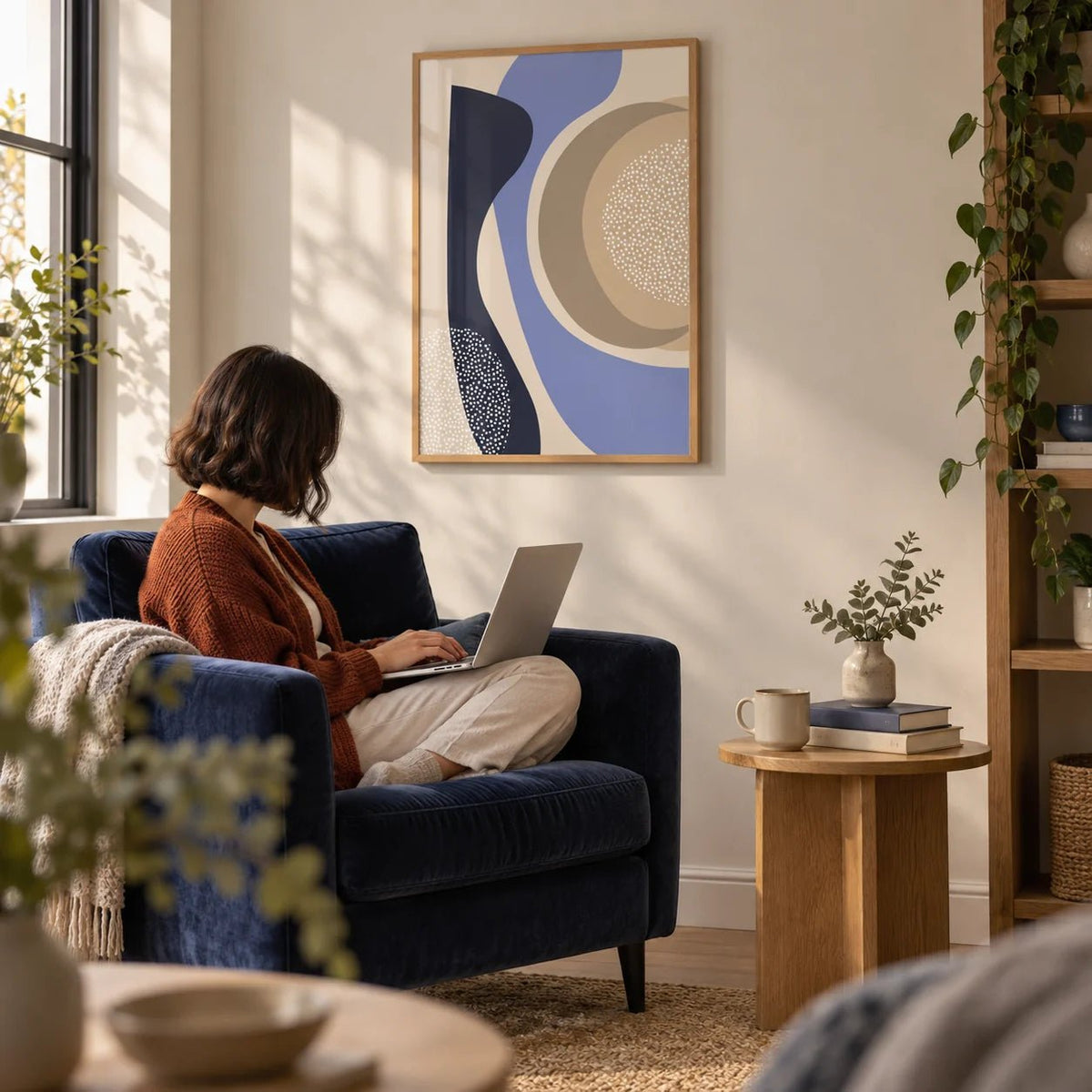 Modern Poster Design, framed on the wall of a quiet reading corner in a living room