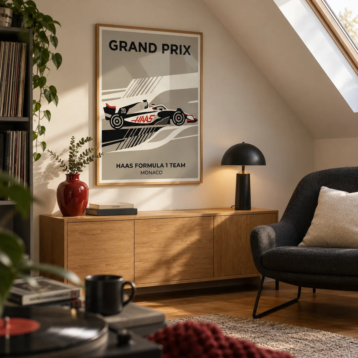 Modern Racing Car Poster, framed on the wall of a compact attic snug in a UK terraced house with a sloping ceiling in a living room