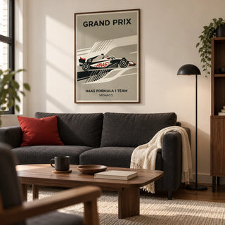 Modern Racing Car Poster, framed on the wall of a design-led living room in a young adult's first UK city flat (22-28) with an ivory wall and walnut furniture