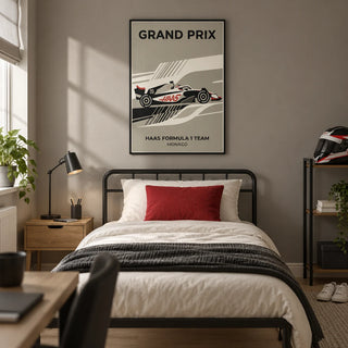 Modern Racing Car Poster, framed on the wall of a modern motorsport-loving teen's bedroom (16-17) in a UK family home with a warm grey wall and pale oak floor
