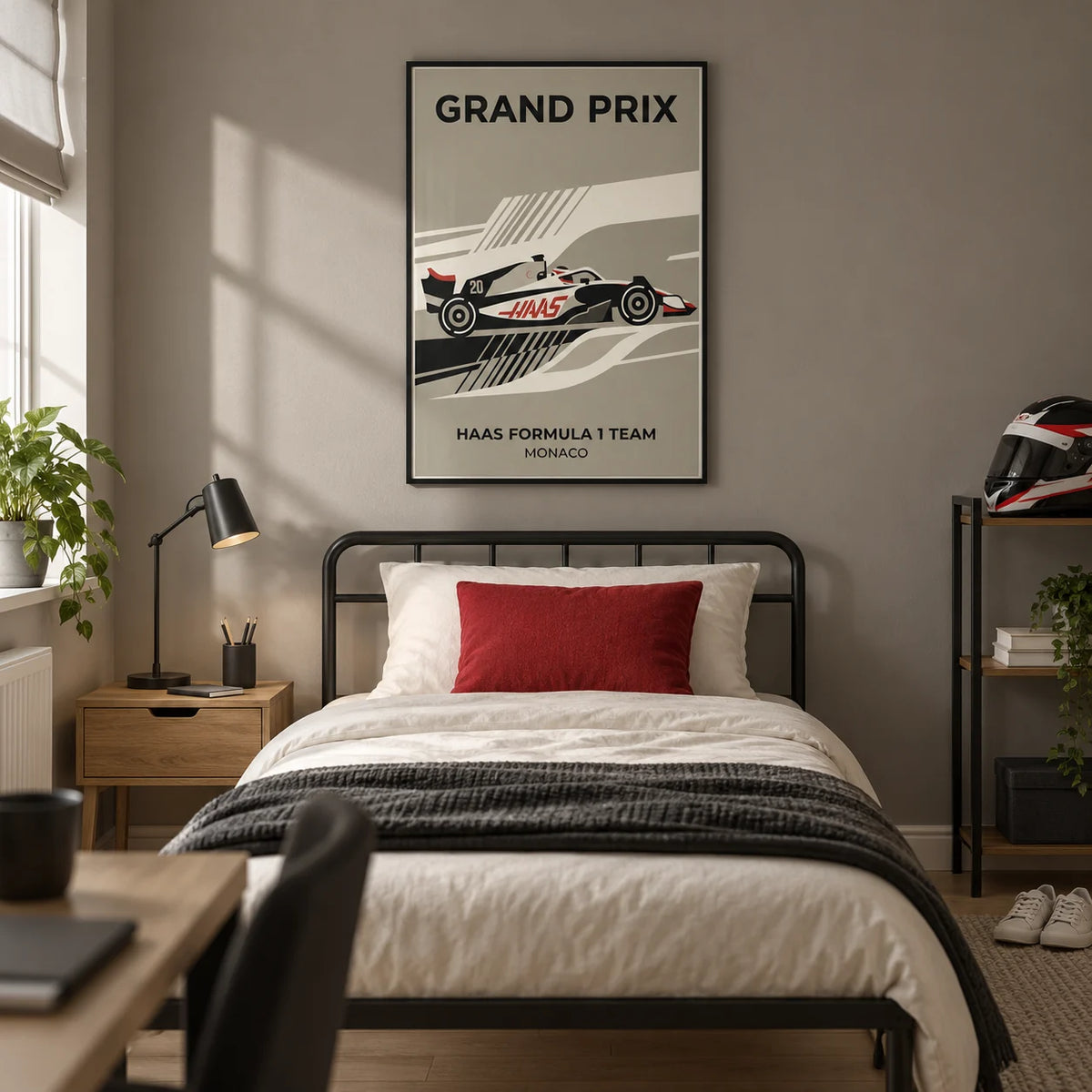 Modern Racing Car Poster, framed on the wall of a modern motorsport-loving teen's bedroom (16-17) in a UK family home with a warm grey wall and pale oak floor