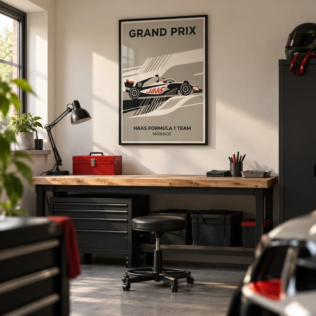 Modern Racing Car Poster, framed on the wall of a tidy converted garage hobby room in a UK home with a smooth ivory wall and a sealed grey concrete floor