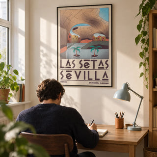 Modern Sevilla Wall Art, framed on the wall of a compact architecture enthusiast's home study in a UK flat with a warm white wall