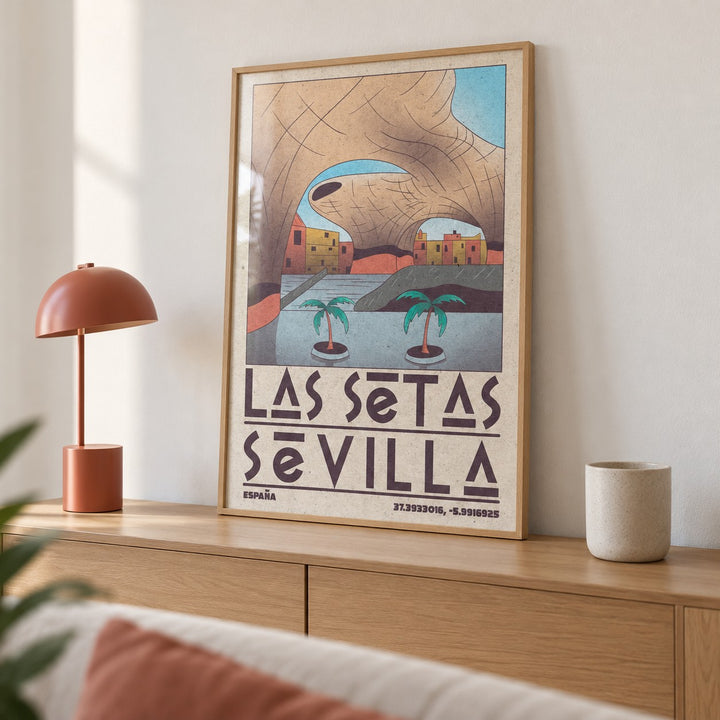 Modern Sevilla Wall Art shown in a living room, leaning on an oak console (frame not included)