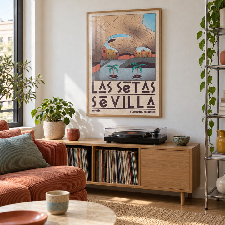 Modern Sevilla Wall Art shown in a creative city apartment (frame not included)