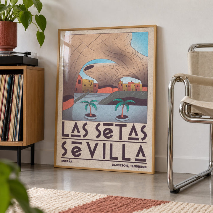 Modern Sevilla Wall Art shown in a living room, leaning on the floor by a chrome chair (frame not included)
