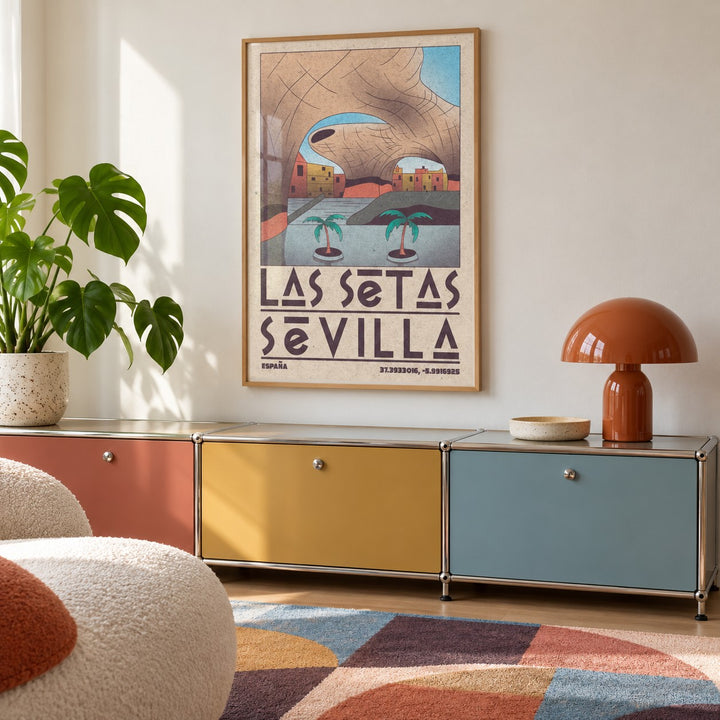 Modern Sevilla Wall Art shown in a playful retro modern room (frame not included)