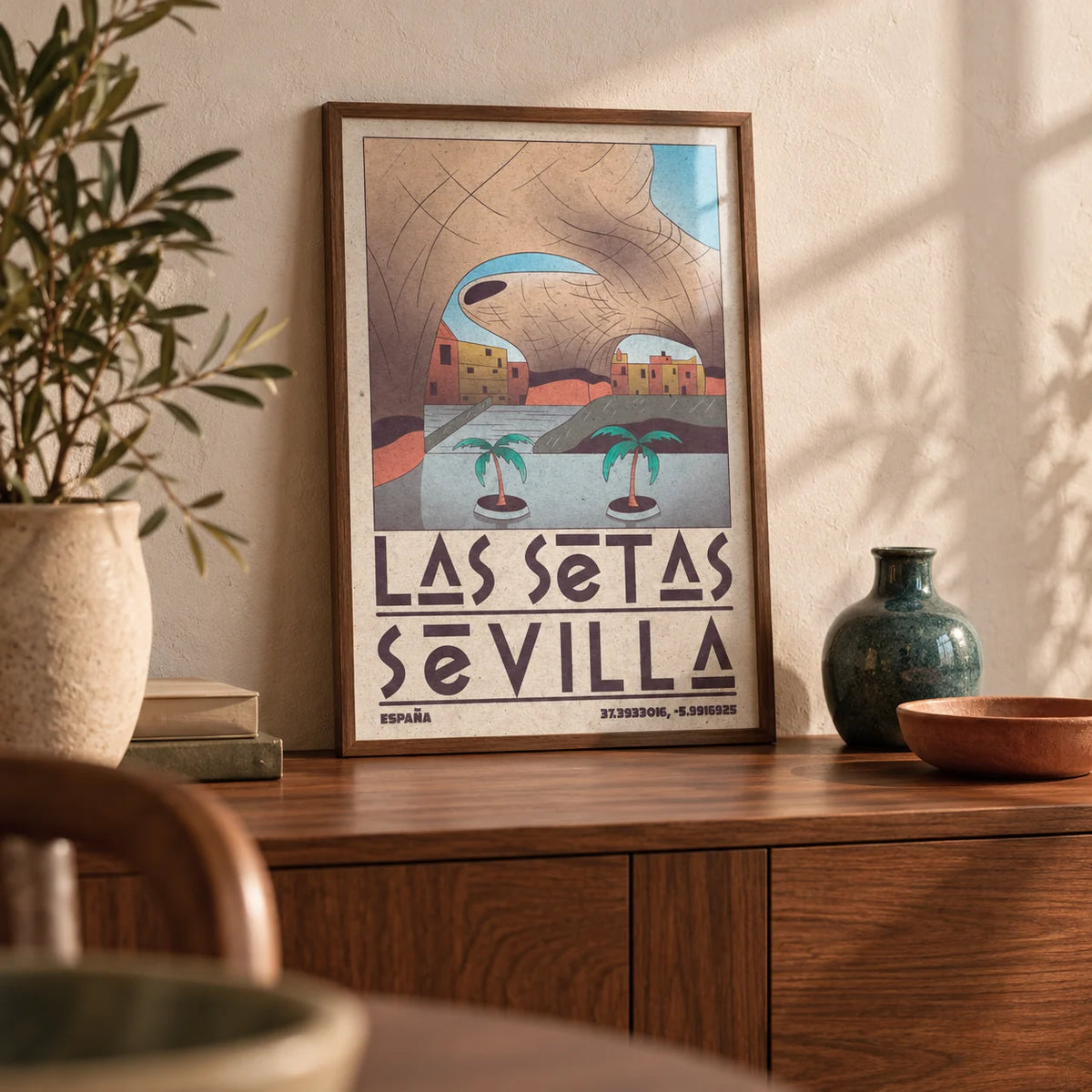 Modern Sevilla Wall Art, a small A4 framed print leaning on a walnut sideboard in a living room