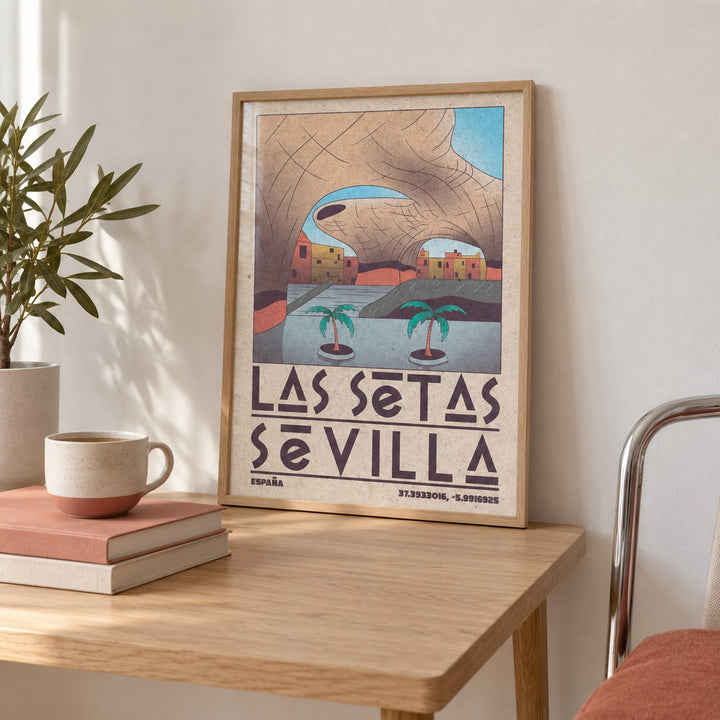 Modern Sevilla Wall Art shown in the small A4 size on a side table (frame not included)