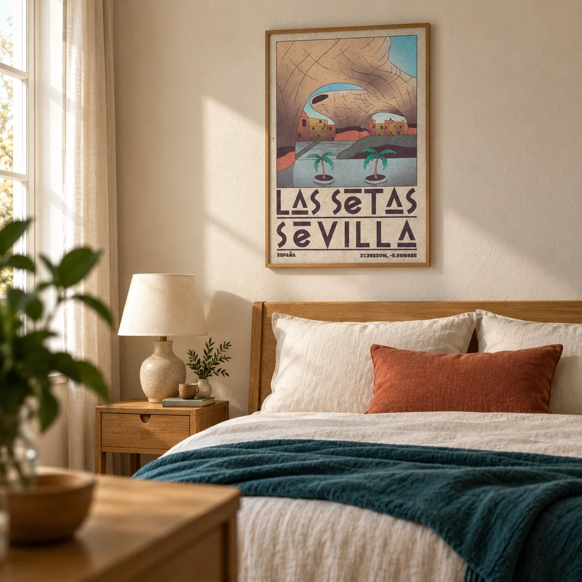 Modern Sevilla Wall Art, framed on the wall of a warm contemporary bedroom in a UK first home for a couple aged 25-35 with a cream plaster wall