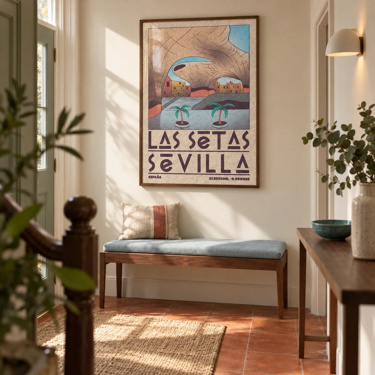 Modern Sevilla Wall Art, framed on the wall of a welcoming hallway in a renovated UK terrace with a warm cream wall and plain terracotta floor tiles