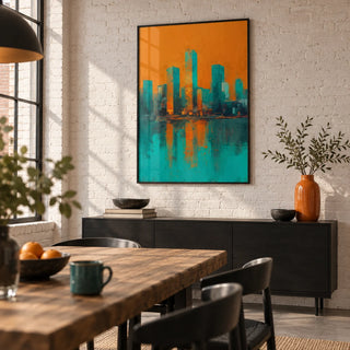 Modern Skyline Poster, framed on the wall of a loft-style dining room with a white brick wall