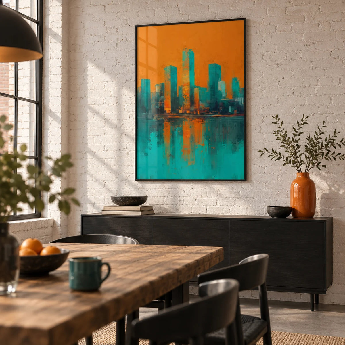 Modern Skyline Poster, framed on the wall of a loft-style dining room with a white brick wall