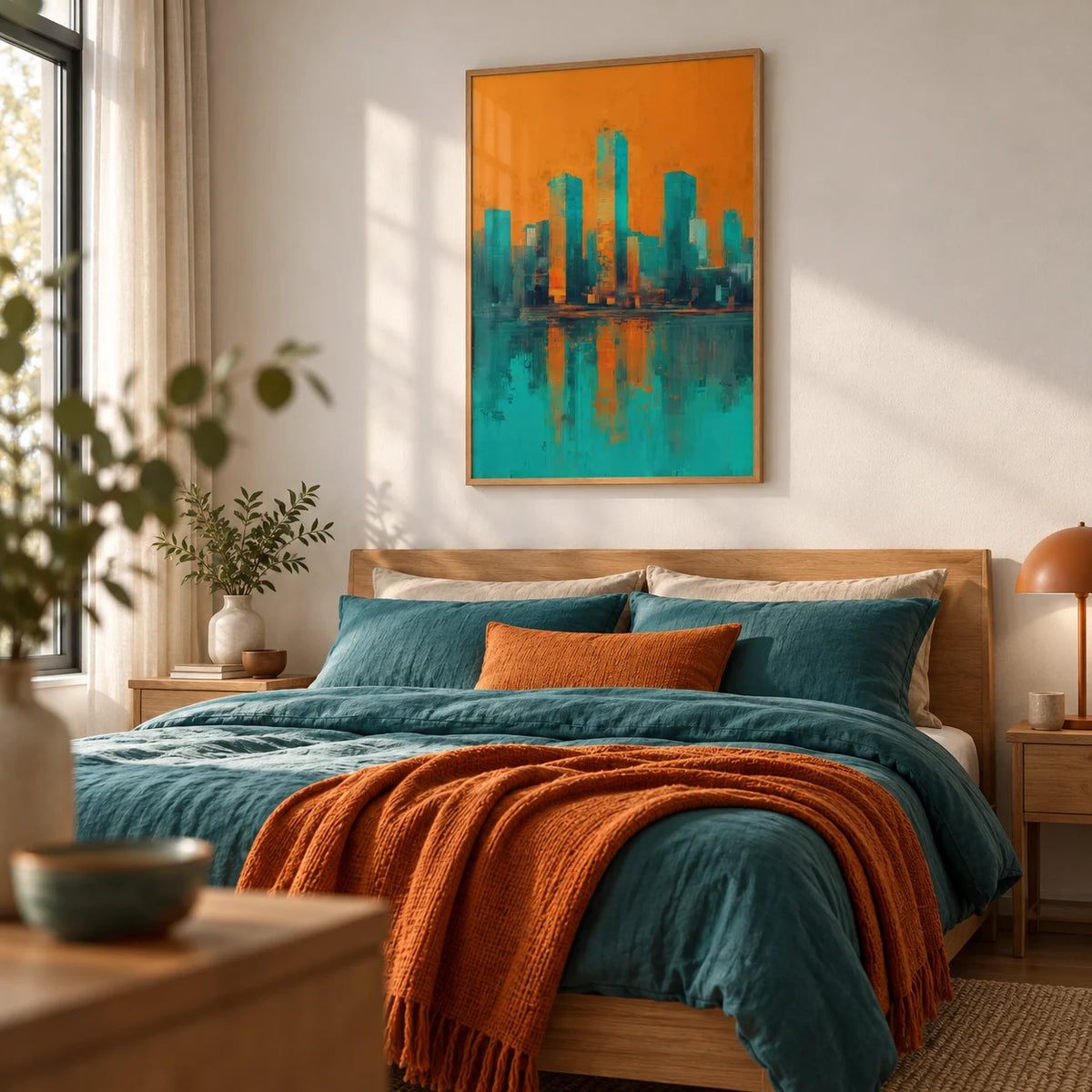 Modern Skyline Poster, framed on the wall of a modern bedroom with a soft white wall