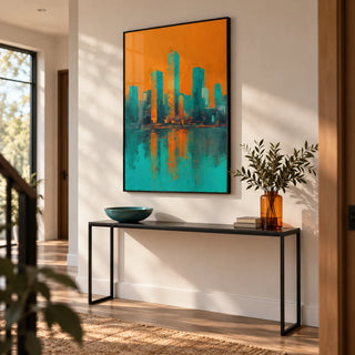 Modern Skyline Poster, framed on the wall of a modern hallway with a white wall