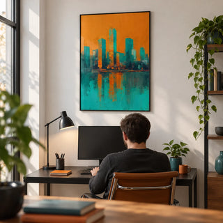 Modern Skyline Poster, framed on the wall of a modern home office with a white wall