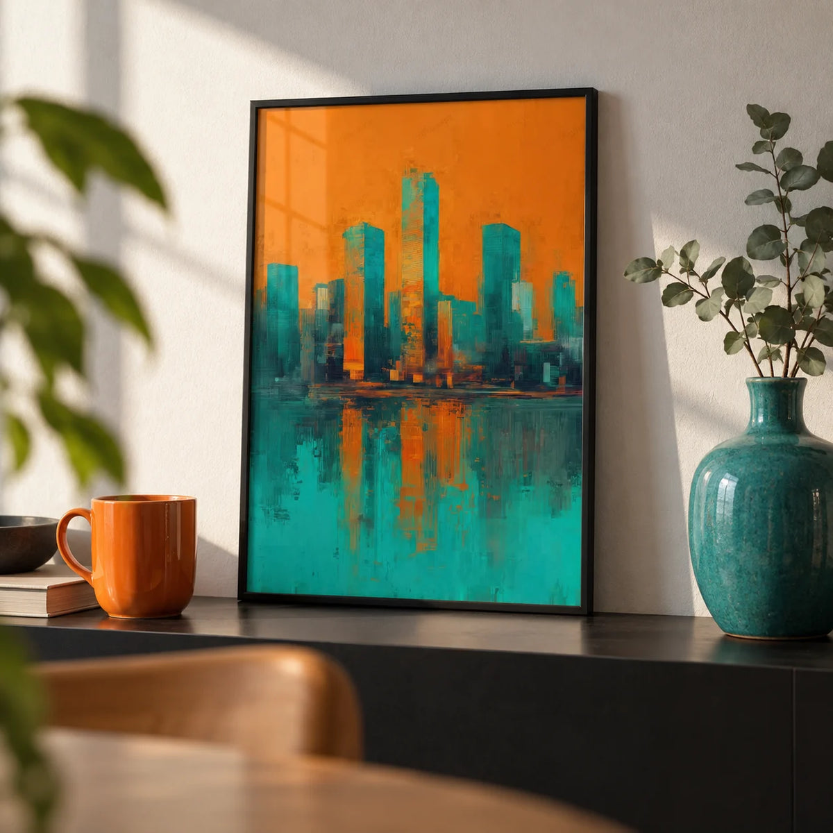 Modern Skyline Poster, a small A4 framed print leaning on a black shelf in a living room