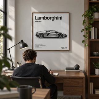 Modern Supercar Art Print, framed on the wall of a compact design-led home study with a pale grey wall and walnut shelving