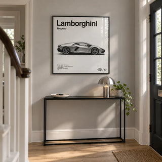 Modern Supercar Art Print, framed on the wall of a crisp hallway in a modern UK terrace with a pale grey wall and oak floorboards