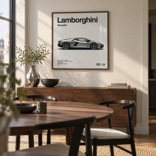 Modern Supercar Art Print, framed on the wall of a modern dining corner in a city flat with a warm white wall