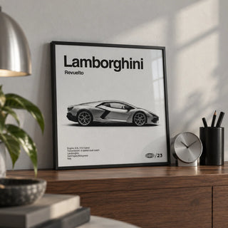 Modern Supercar Art Print, a small A4 framed print leaning on a walnut shelf in a home office