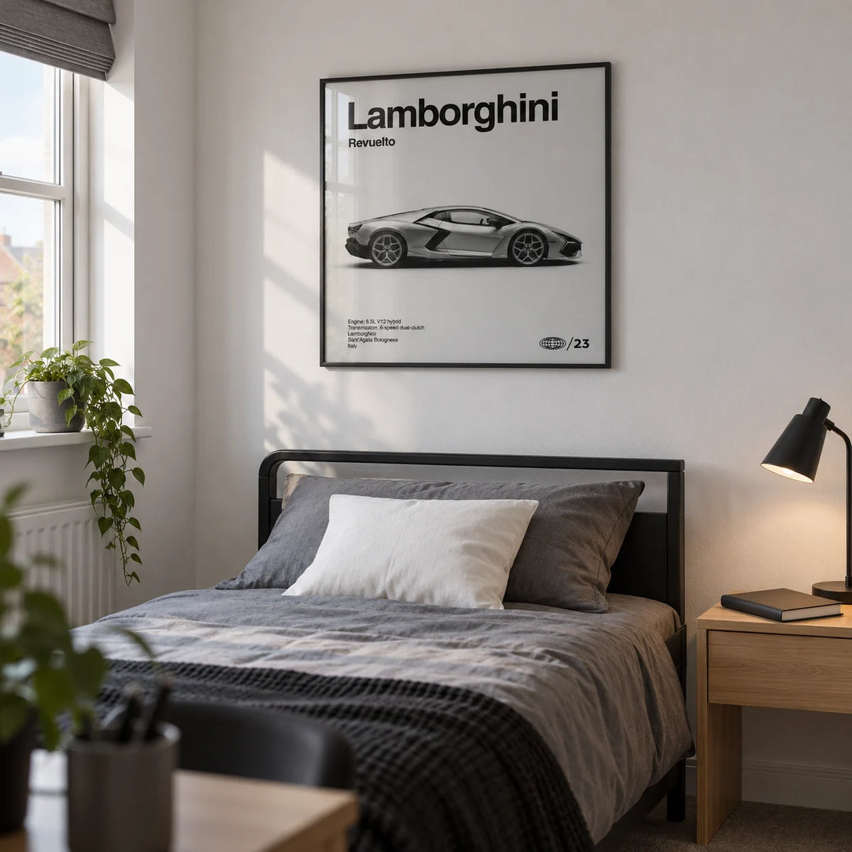 Modern Supercar Art Print, framed on the wall of a tidy single bedroom for a young adult car enthusiast (18-24) in a UK family home with a white wall