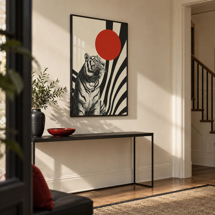 Modern Tiger Poster, framed on the wall of a crisp hallway with a cream wall