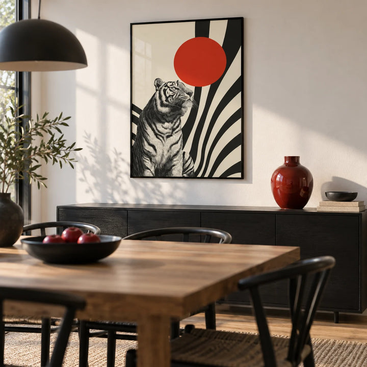 Modern Tiger Poster, framed on the wall of a modern dining room with a white wall