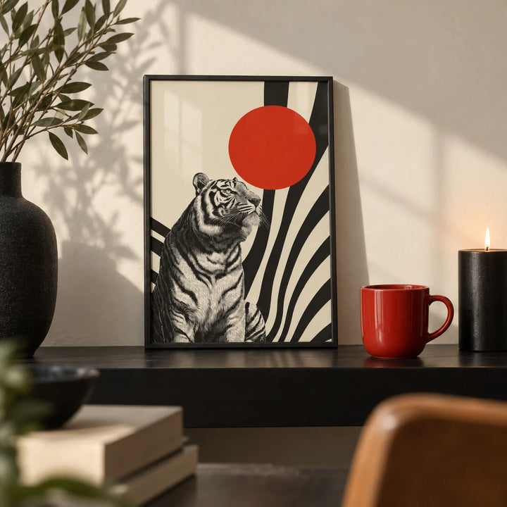 Modern Tiger Poster, a small A4 framed print leaning on a black shelf in a living room