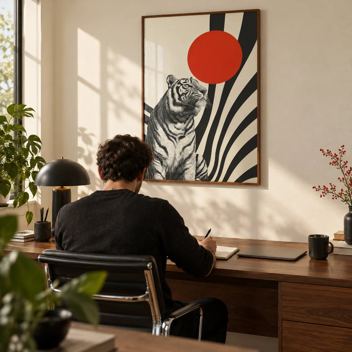 Modern Tiger Poster, framed on the wall of a smart home office with a cream wall