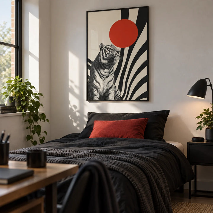 Modern Tiger Poster, framed on the wall of a young man's bedroom (18-25) with a white wall