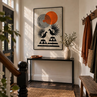 Modern Tribal Poster, framed on the wall of a characterful entrance hallway in a UK terrace with pale plaster walls and dark wooden floorboards