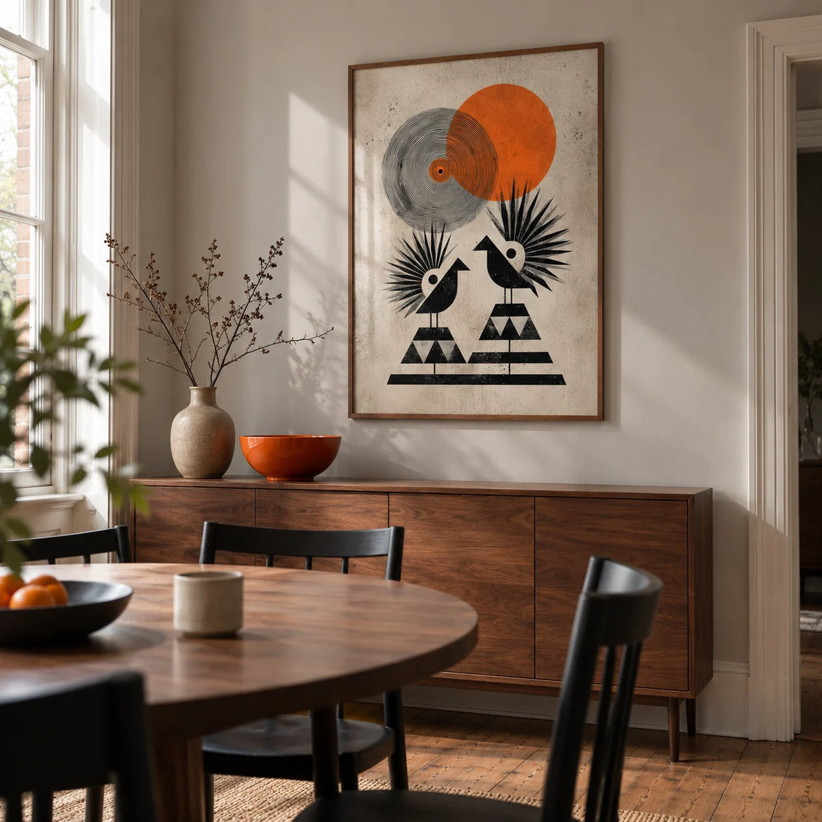 Modern Tribal Poster, framed on the wall of a compact modern dining room in a Victorian terrace with a pale warm grey wall