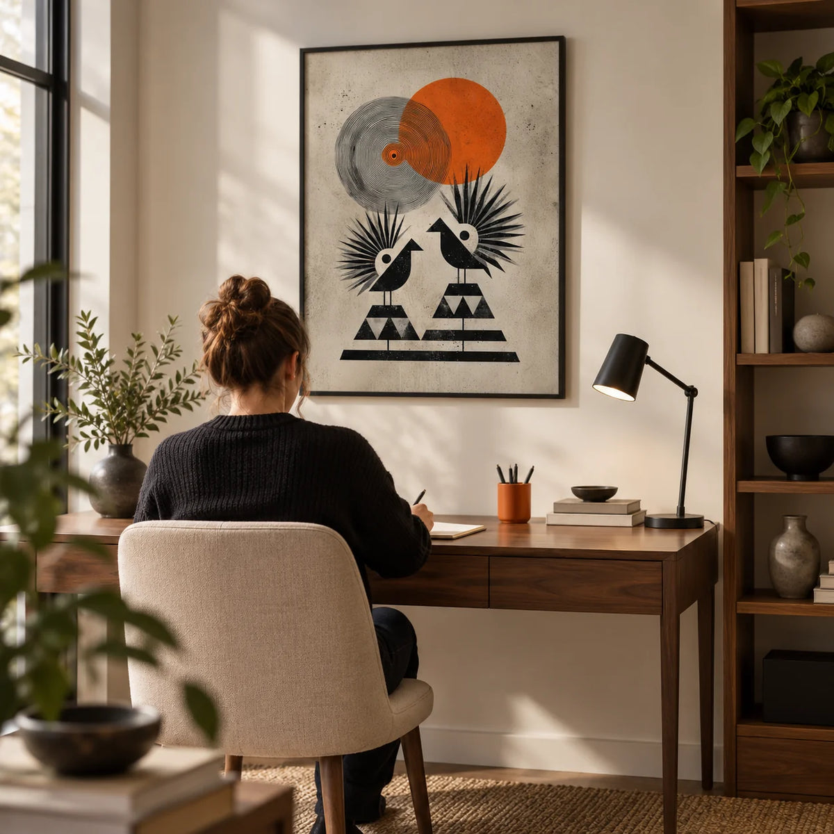 Modern Tribal Poster, framed on the wall of a design-led home study with an off-white wall and a walnut desk