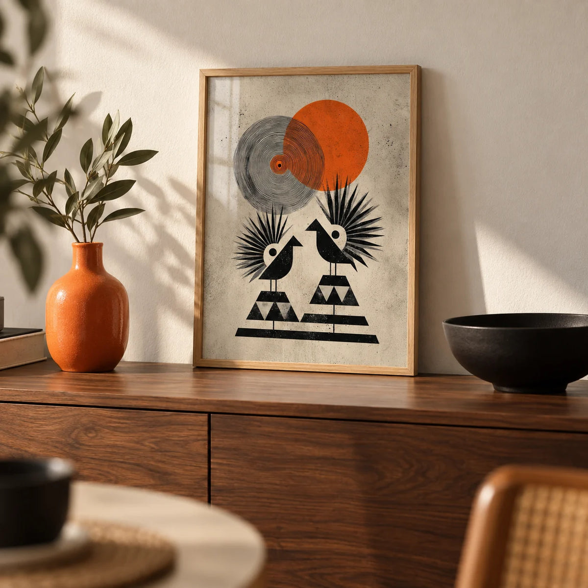 Modern Tribal Poster, a small A4 framed print leaning on a walnut sideboard in a living room