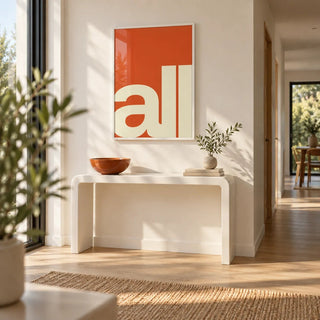 Modern Typography Art, framed on the wall of a bright modern hallway