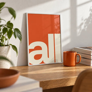 Modern Typography Art, a small A4 framed print leaning on an oak desk